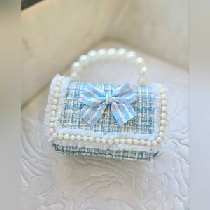 Elegant Blue Tweed Handbag with Pearl Accents